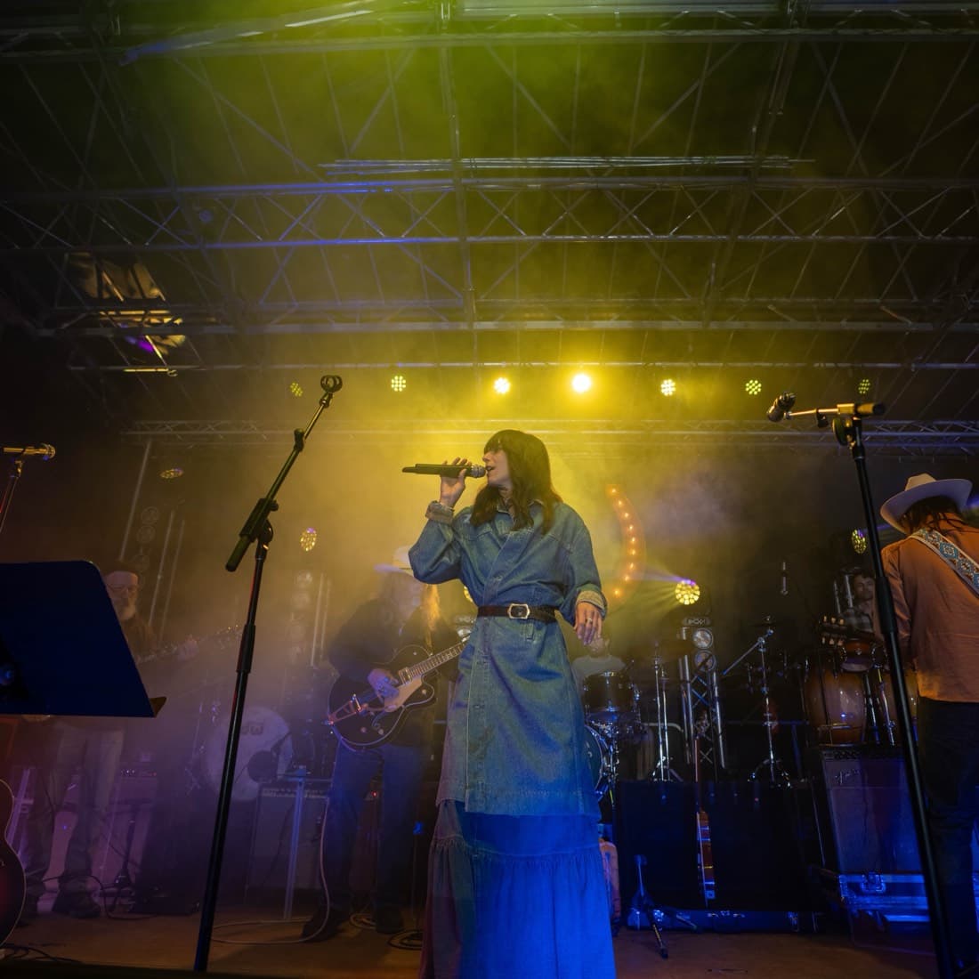 A singer at the microphone in gold stage light, the band behind her in shadow